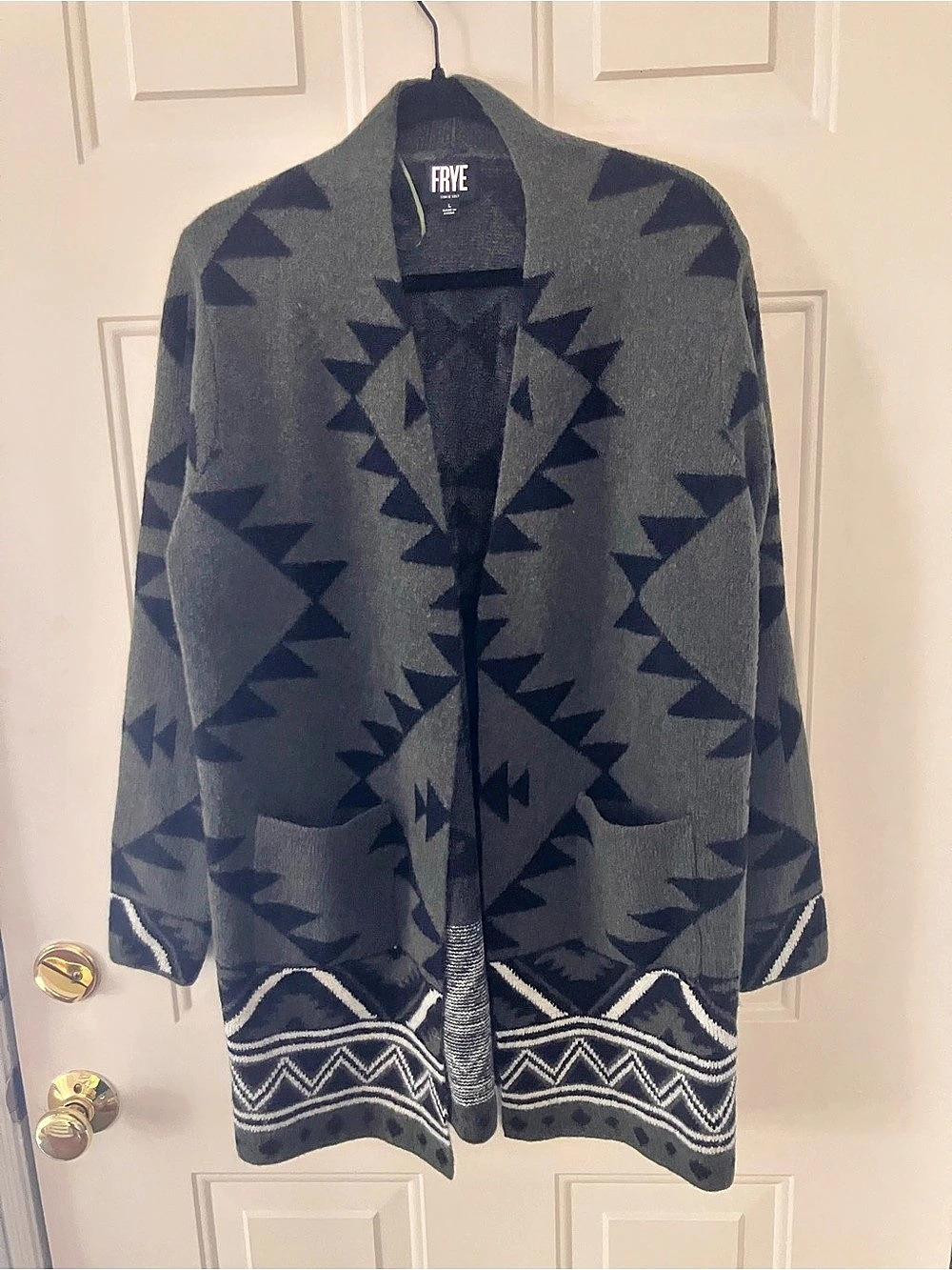 FRYE Patterned Open Front Aztec Print Cardigan in Olive & Black Size Large